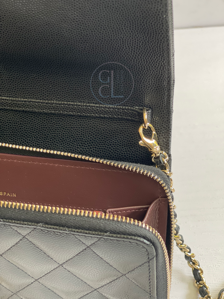 Chanel Wallet with Phone Pouch Clutch with Chain in Black Caviar LGHW
