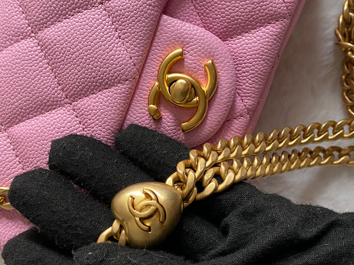 Chanel 23P Pink Caviar Heart Adjustable Mini Rectangular Flap Bag with gold hardware