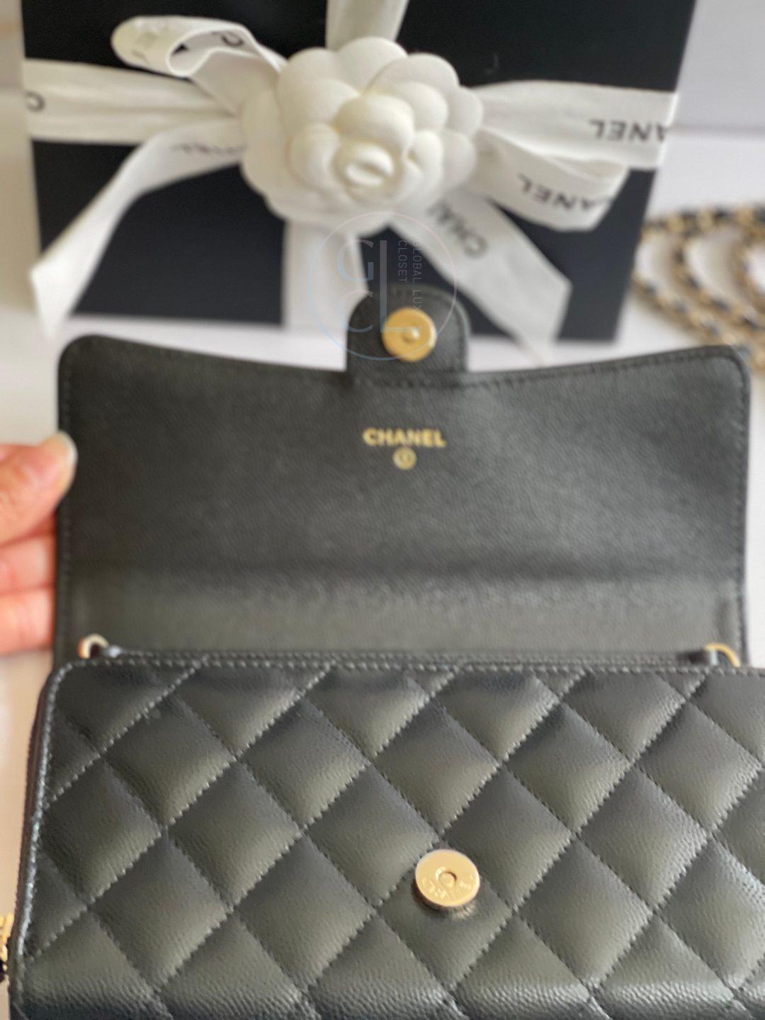 Chanel Wallet with Phone Pouch Clutch with Chain in Black Caviar LGHW