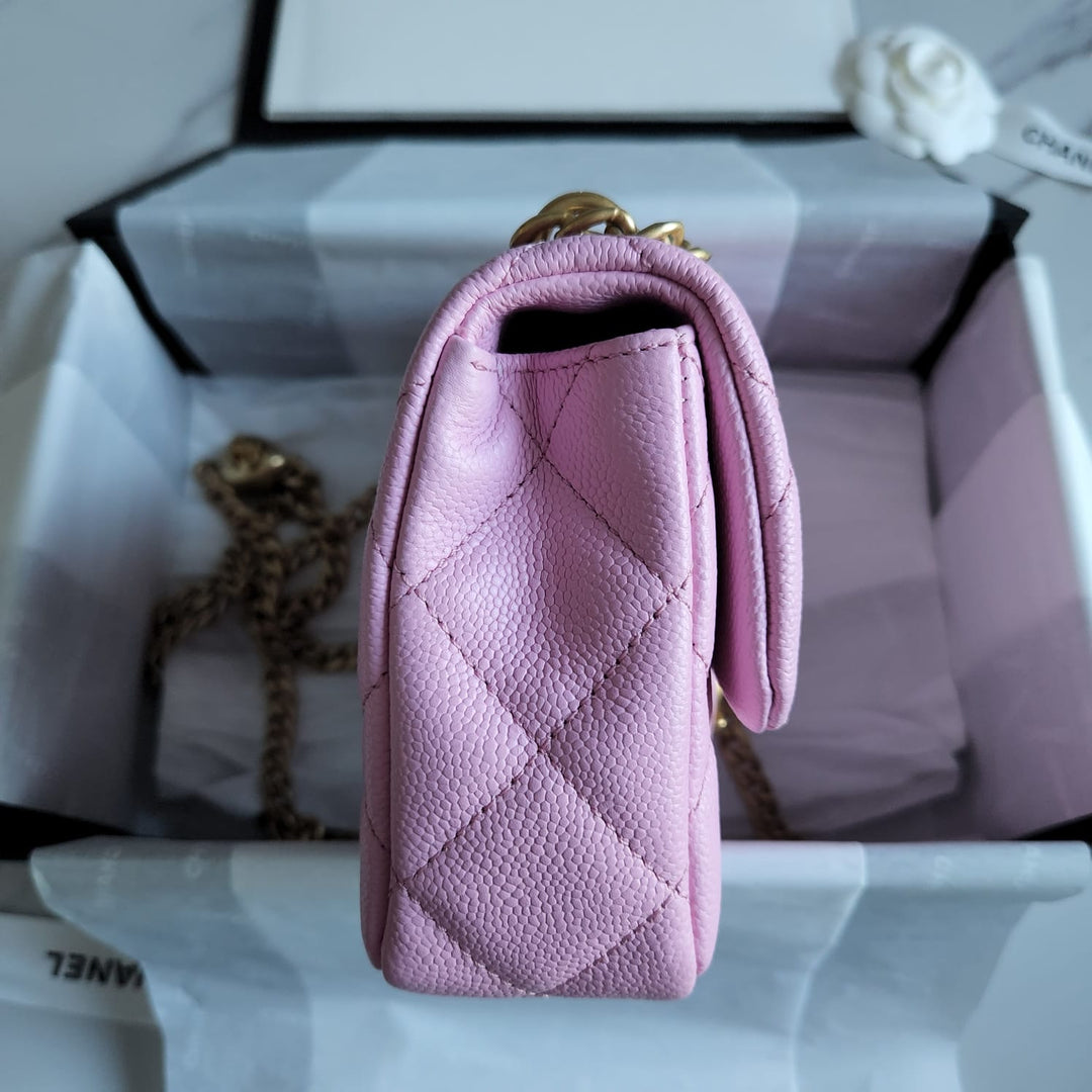 Chanel 23P Pink Caviar Heart Adjustable Mini Rectangular Flap Bag with gold hardware