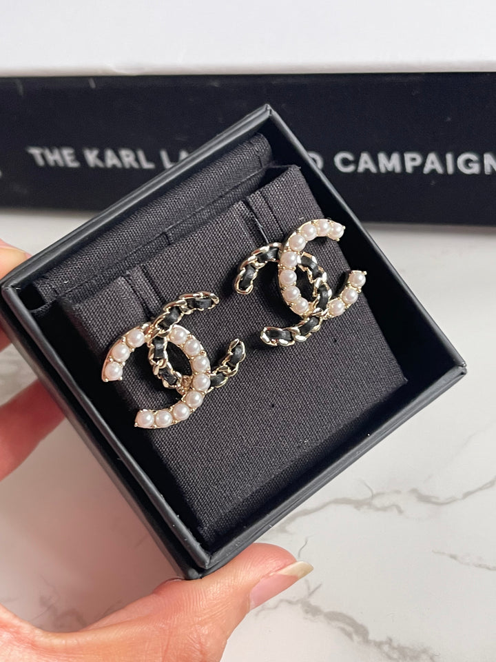 Chanel 22B Pearl and Leather CC Earrings