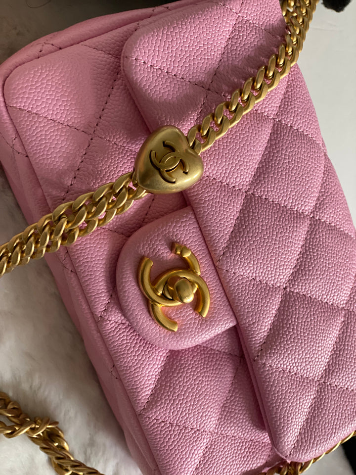 Chanel 23P Pink Caviar Heart Adjustable Mini Rectangular Flap Bag with gold hardware
