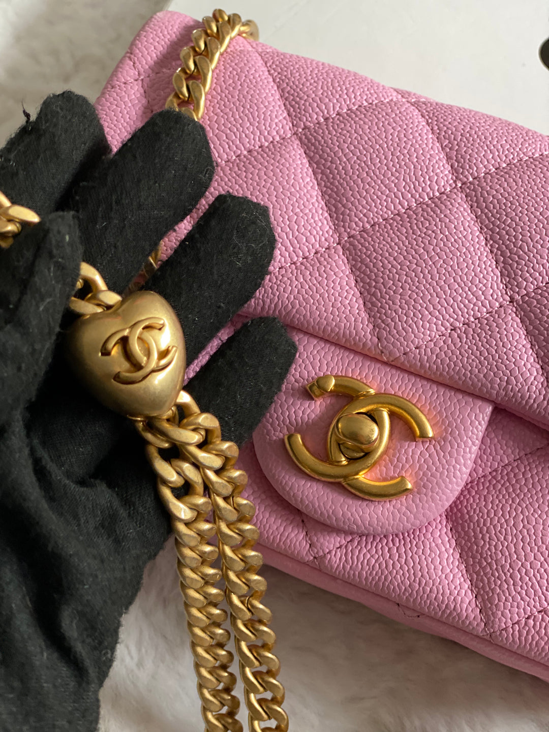 Chanel 23P Pink Caviar Heart Adjustable Mini Rectangular Flap Bag with gold hardware
