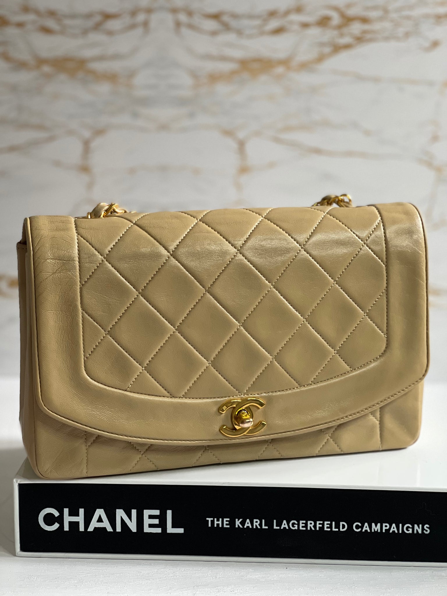 Chanel Diana Flap Bag Size Medium in Milk Tea Beige Lambskin Series 1 With 24k Gold Hardware