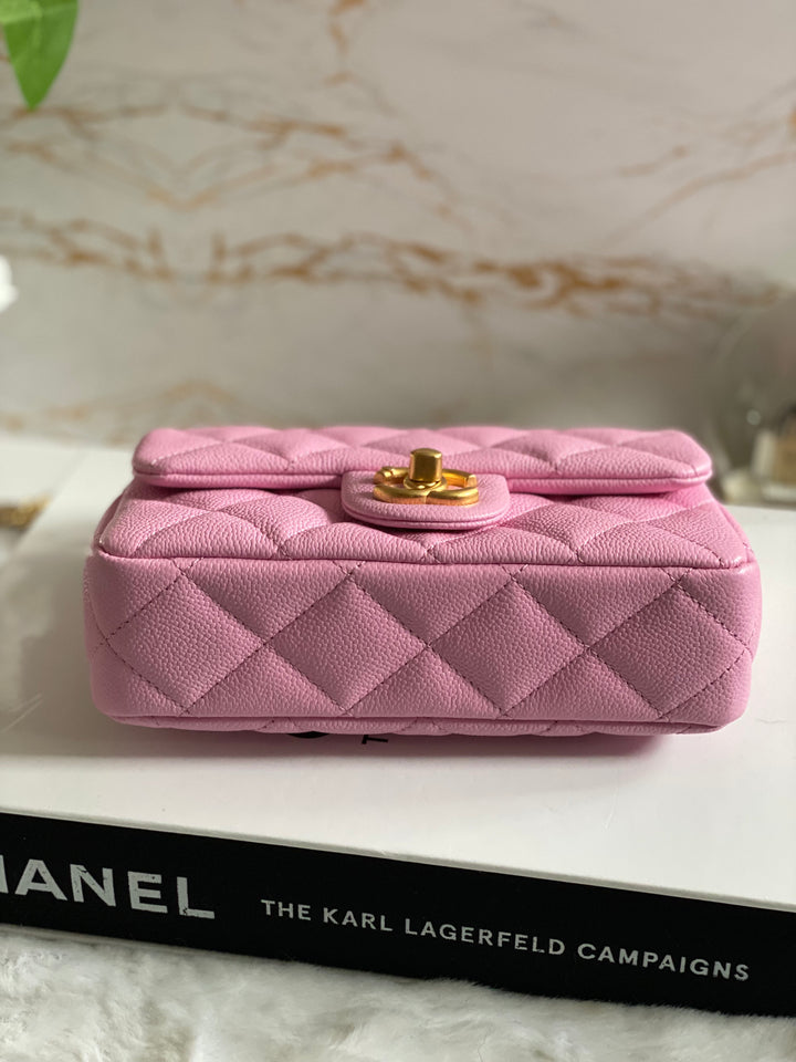 Chanel 23P Pink Caviar Heart Adjustable Mini Rectangular Flap Bag with gold hardware
