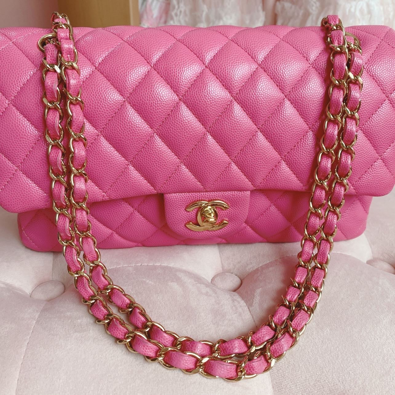 Chanel Classic Medium Double Flap 19C Pink Quilted Caviar with
