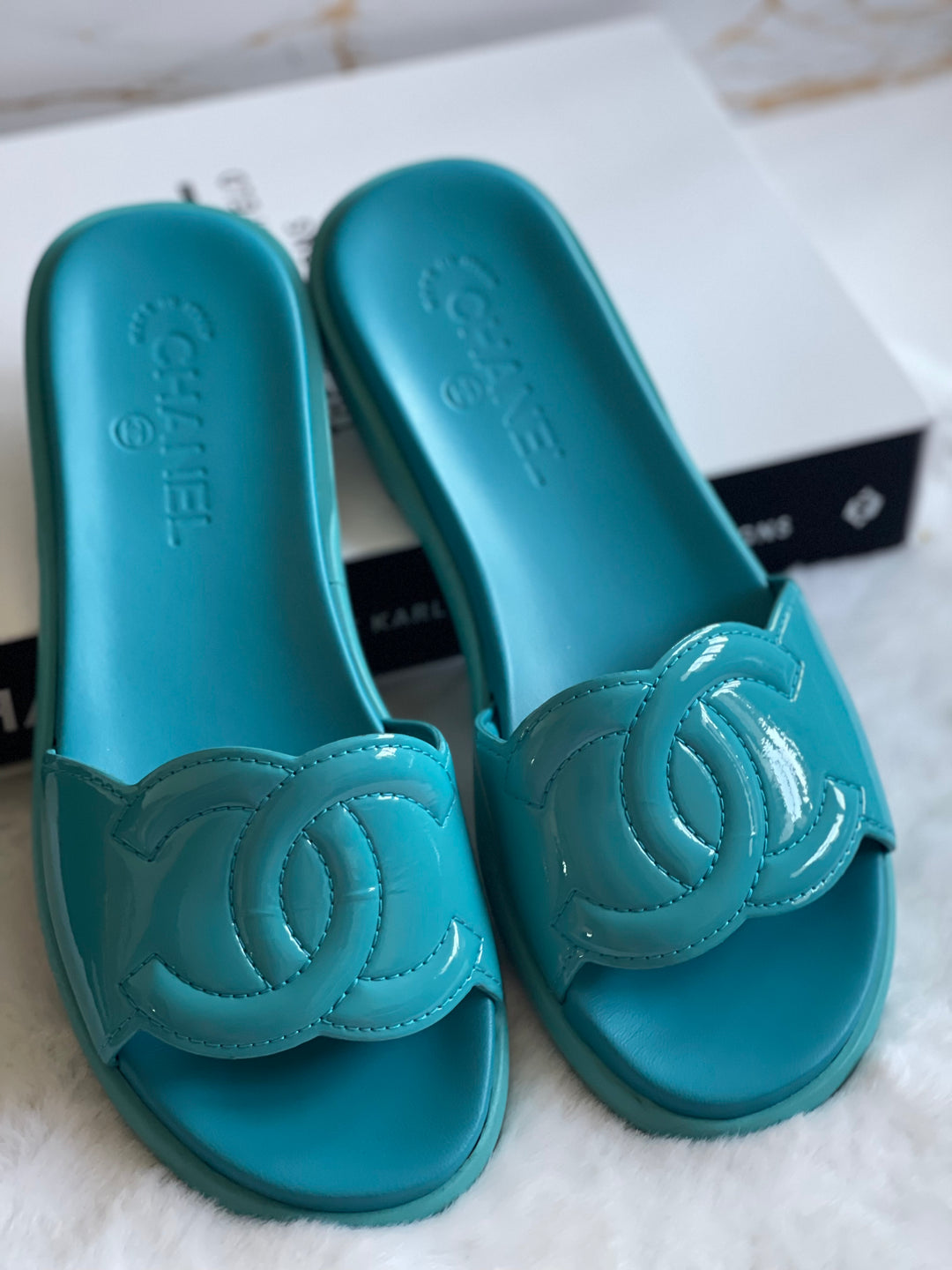 Chanel Turquoise Rubber Sliders Size 38C