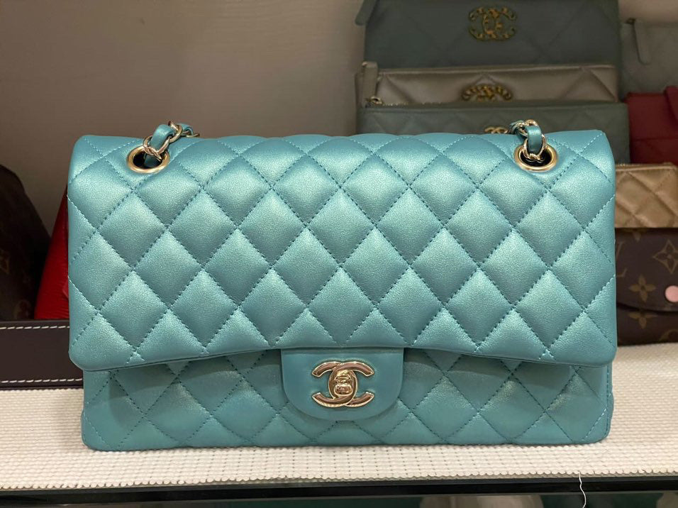 Chanel 21S collection Turquoise Calf Skin LGHW Medium ML Timeless Classic  Double Flap Bag series 31