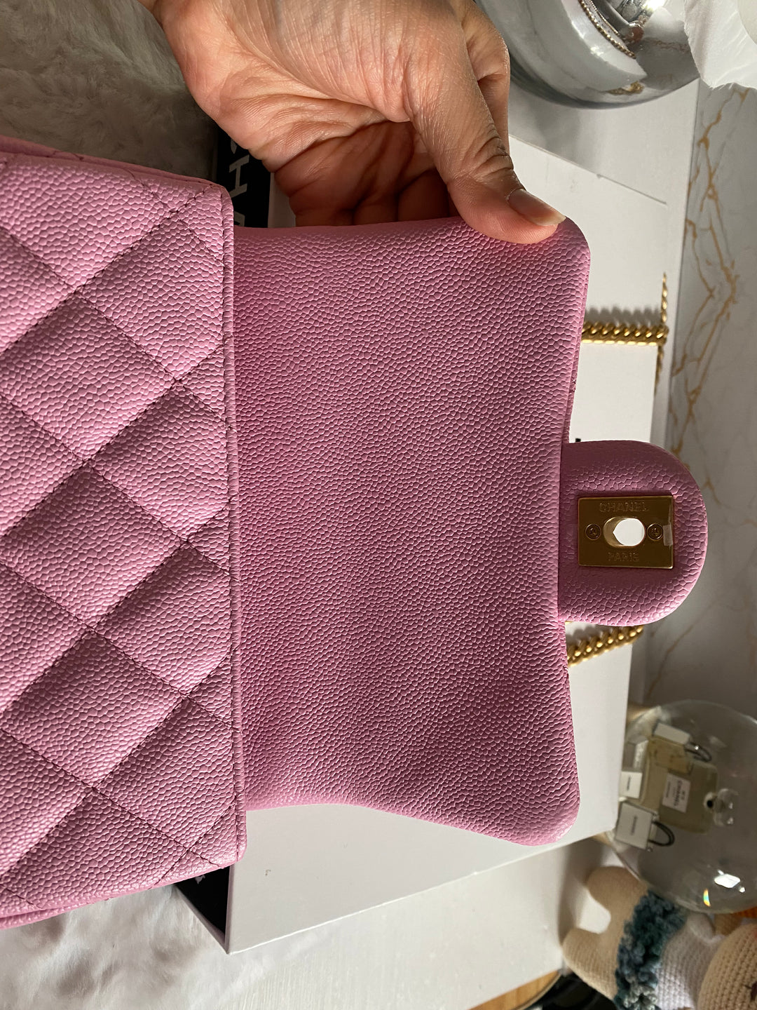 Chanel 23P Pink Caviar Heart Adjustable Mini Rectangular Flap Bag with gold hardware