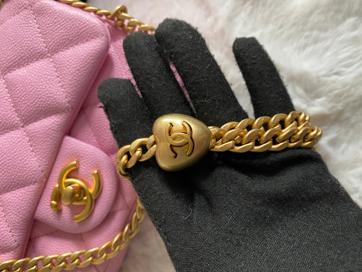 Chanel 23P Pink Caviar Heart Adjustable Mini Rectangular Flap Bag with gold hardware