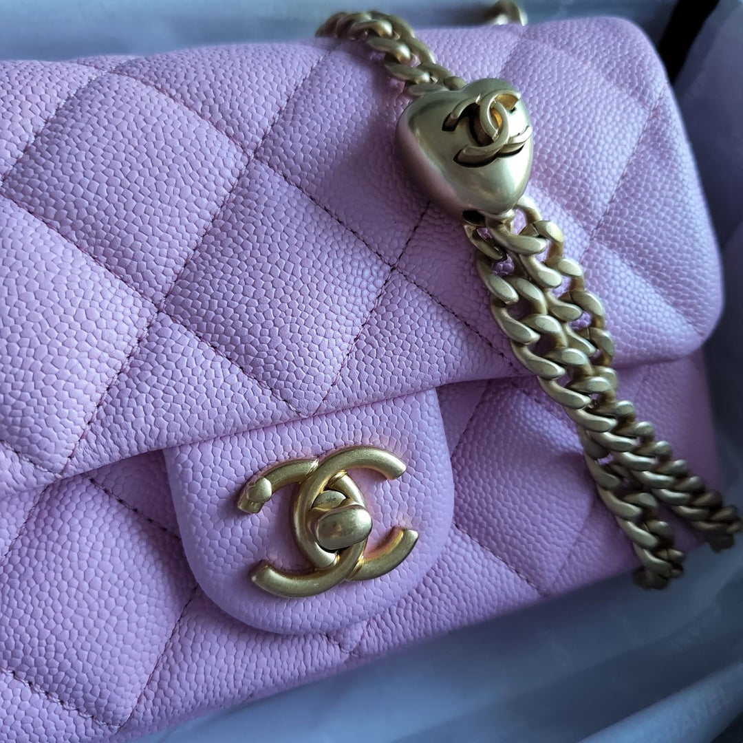 Chanel 23P Pink Caviar Heart Adjustable Mini Rectangular Flap Bag with gold hardware