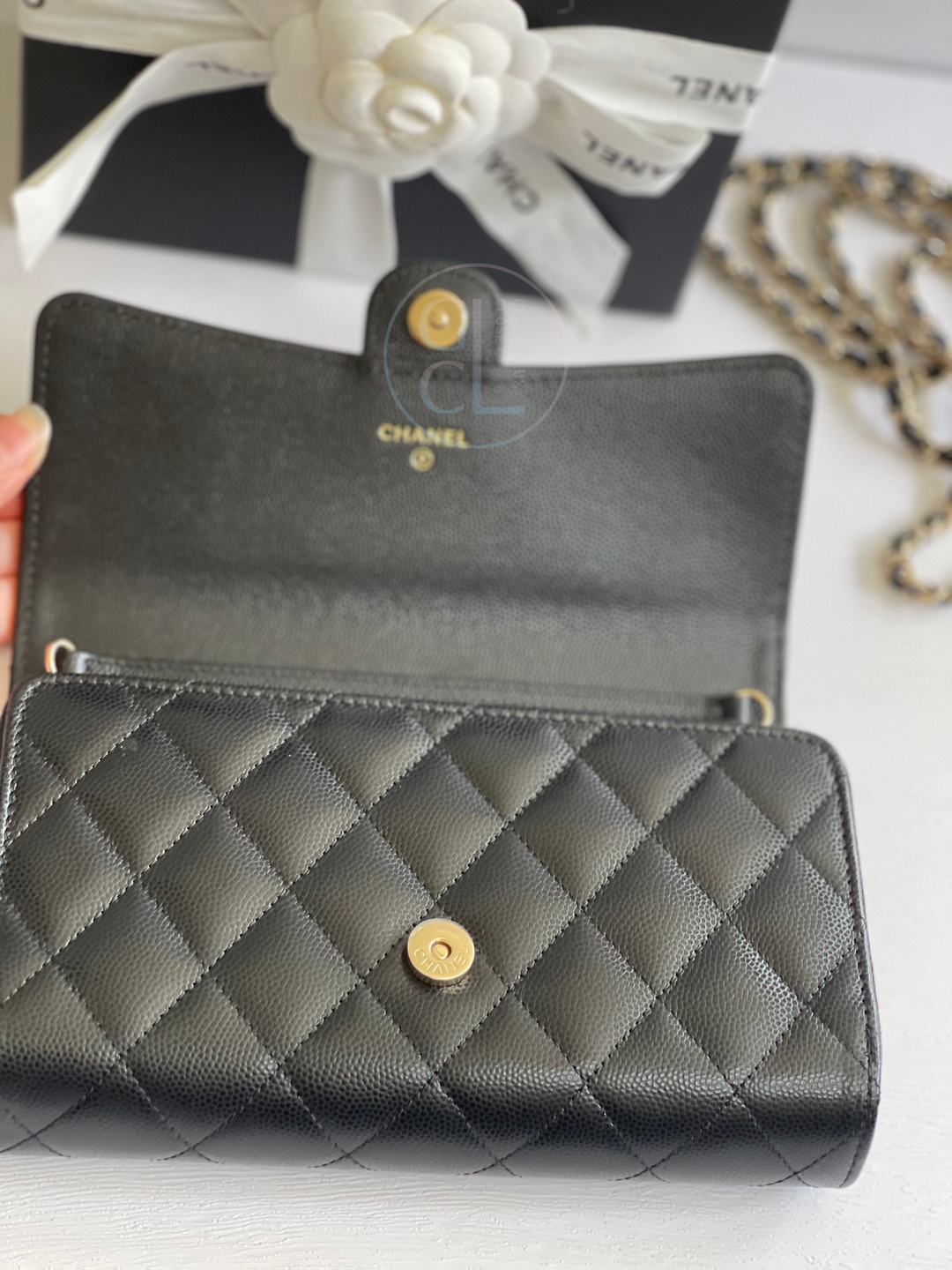 Chanel Wallet with Phone Pouch Clutch with Chain in Black Caviar LGHW