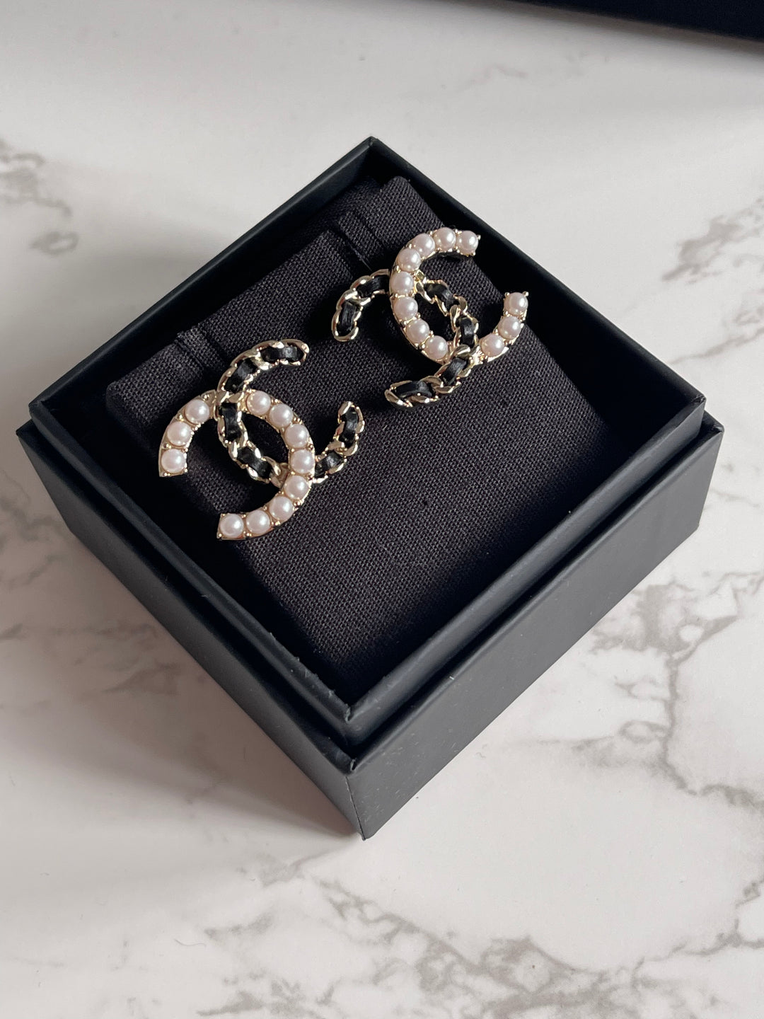 Chanel 22B Pearl and Leather CC Earrings