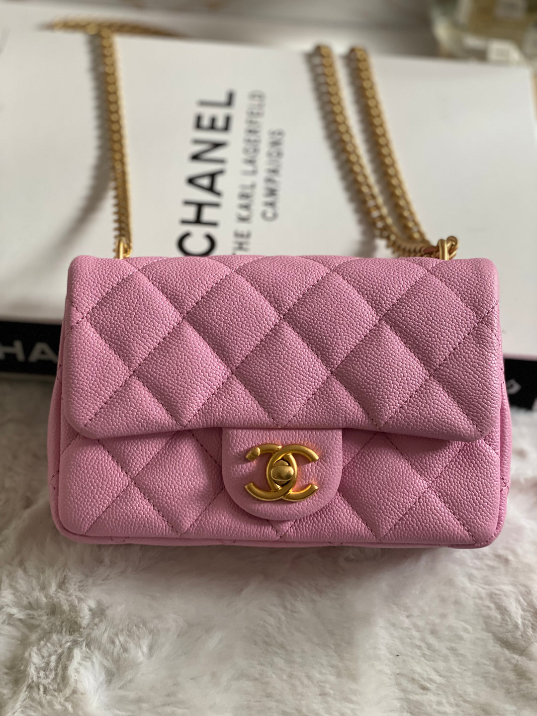 Chanel 23P Pink Caviar Heart Adjustable Mini Rectangular Flap Bag with gold hardware