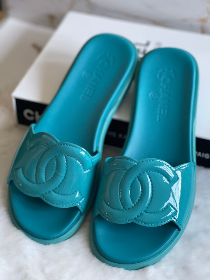 Chanel Turquoise Rubber Sliders Size 38C