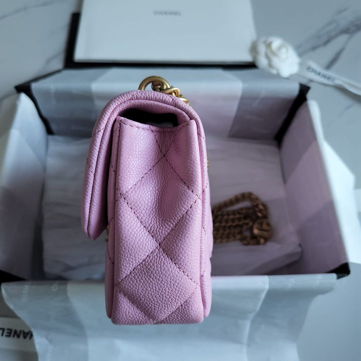Chanel 23P Pink Caviar Heart Adjustable Mini Rectangular Flap Bag with gold hardware