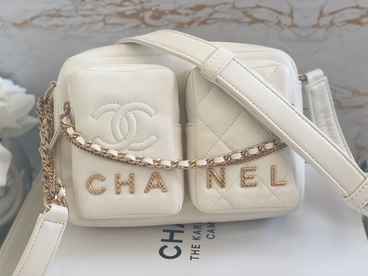 Chanel 22C White Calfskin GHW Small Camera Case Bag with Adjustable Strap