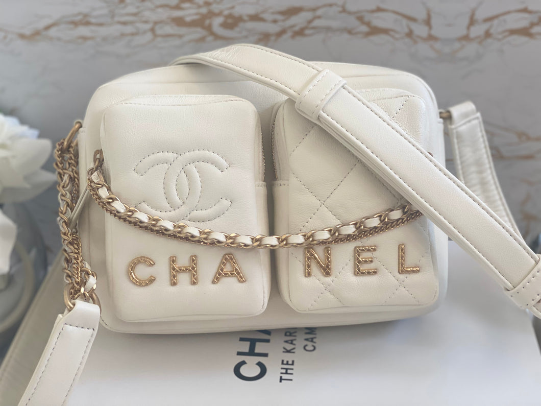 Chanel 22C White Calfskin GHW Small Camera Case Bag with Adjustable St –  Globalluxcloset