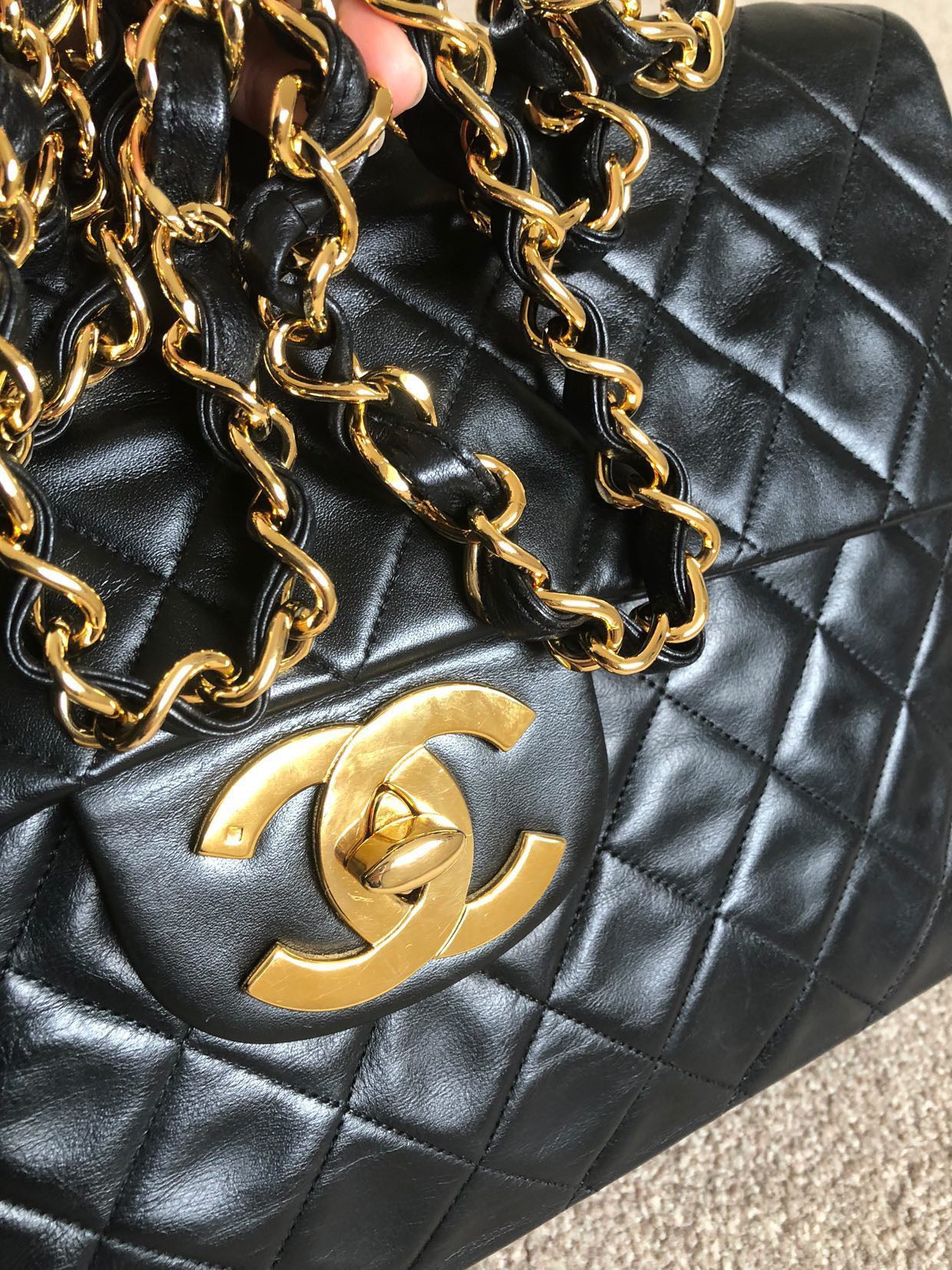 Chanel Maxi Vintage Black Lambskin With 24k Gold Hardware And Oversized CC turn-lock