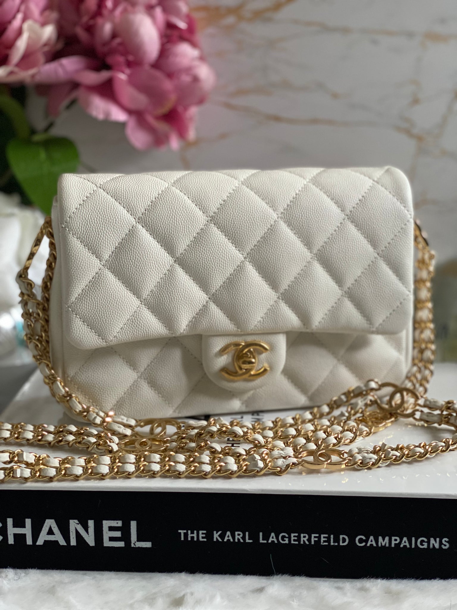 CHANEL 23C Red Caviar Key Chain Flap Card Holder Light Gold