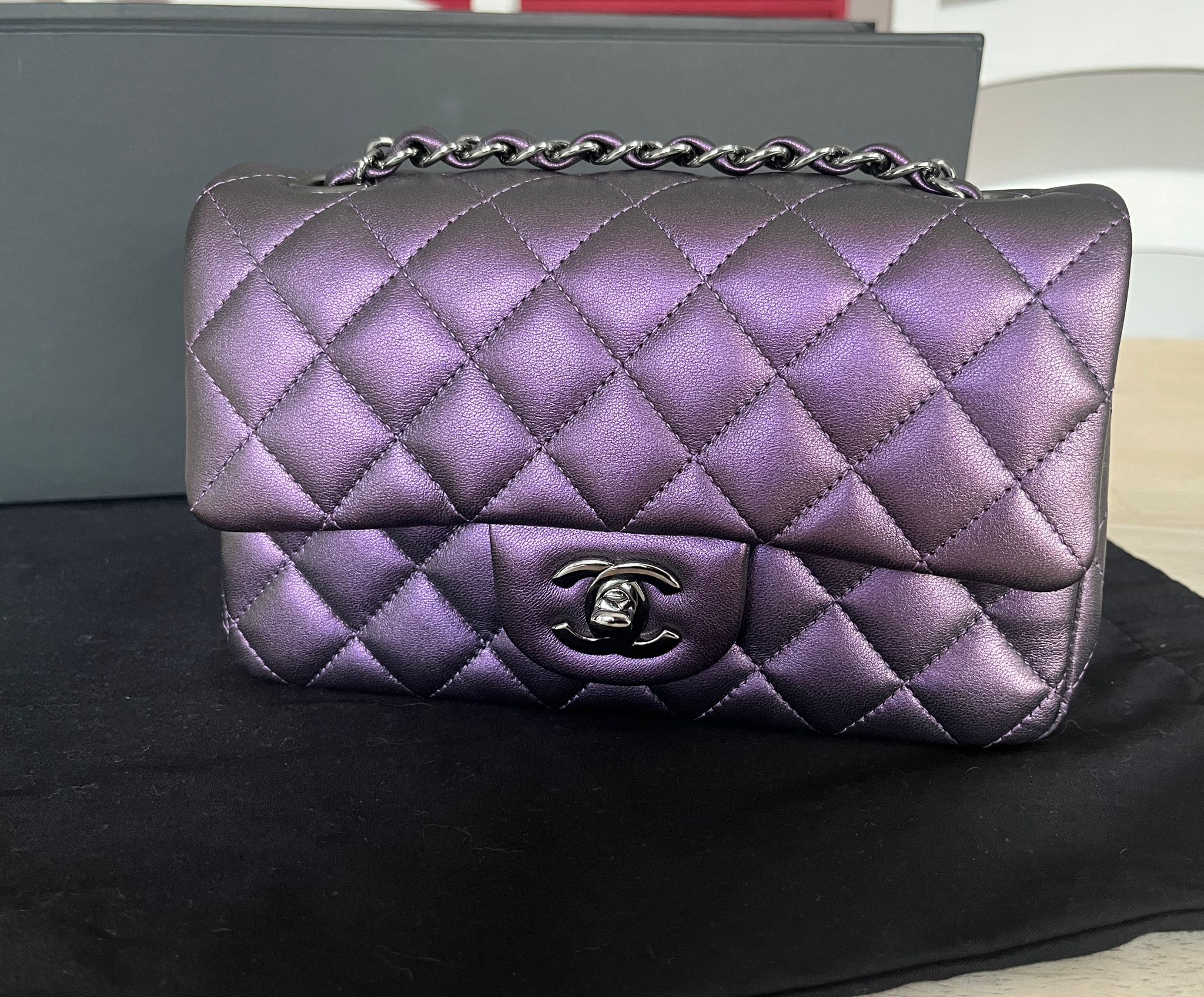 Chanel 17S Collection series 24 Metallic Dark Purple Lambskin Polished  Ruthenium hardware Mini Rectangular Flap Bag